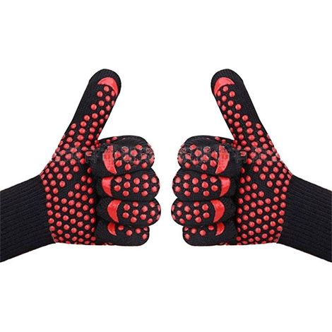 Gants de four à micro-ondes résistants à la chaleur, en silicone ignifugé haute température (rayures rouges), avec revêtement anti-feu haute température. (1/5)