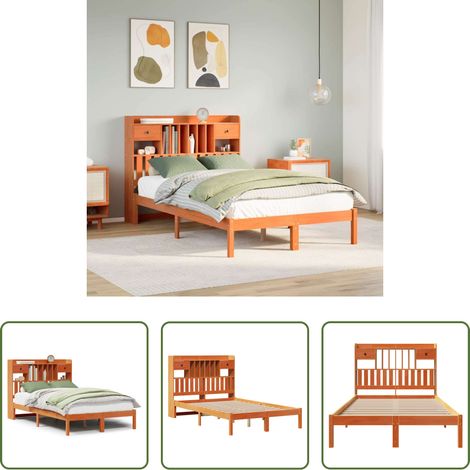 Sommier à lattes - Lit bibliothèque sans matelas cire marron 135x190 cm pin massif (1/5)