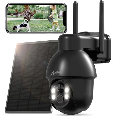 ANRAN 5MP FHD Überwachungskamera Aussen Akku mit Solarpanel, 3K Farbnachtsicht, Solar WLAN Kamera Outdoor mit 2,4GHz WiFi, Alarm-Filter, Spotlights, 2-Wege-Audio, Alexa-kompatibel, Q3 Max Schwarz