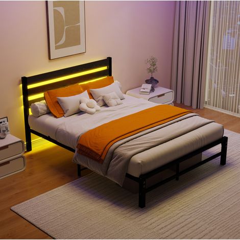 Letto 140x200 in metallo/MDF nero con LED e USB, salvaspazio, senza materasso – MEUBLIV (1/5)
