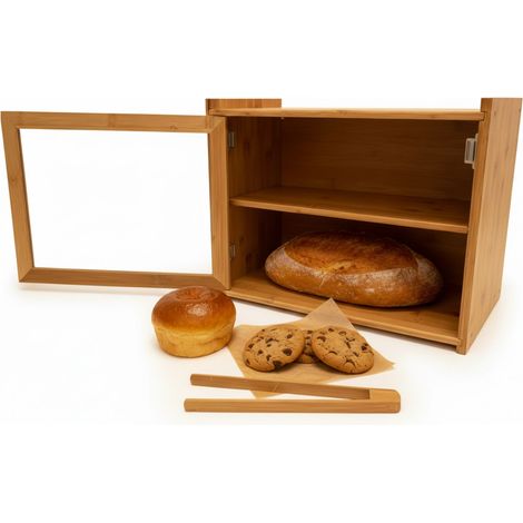 Relaxdays Bamboo Bread Bin, 2-tier, bread box with viewing window, includes toast tongs, HxWxD: 31x40x17.5 cm, natural