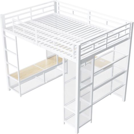 Metall-Hochbett 140 x 200 cm weiß mit Schreibtisch, Regalen, Stauraum und LED (1/5)