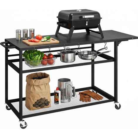 Desserte jardin chariot de barbecue sur roulettes avec Plateau Latéral Pliable, Trois Étagères, 133 x 48,5 x 82 cm, Noir