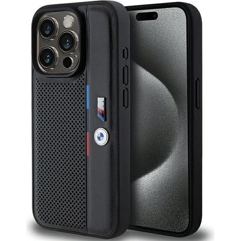 Coque rigide noire/noire BMW BMHCP15L23PUPVK pour iPhone 15 Pro 6.1, motif tricolore perforé