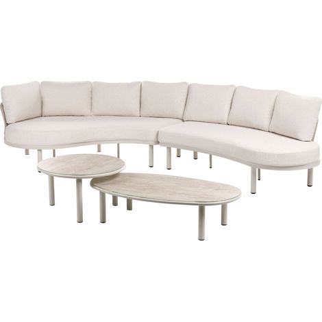 Set da salotto modulare da esterno curvo con tavolino, 6 posti in metallo, piano in vetro temperato, beige chiaro, Oriolo (1/5)