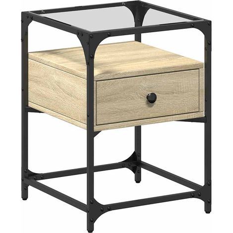 Comodino con cassetto 40 x 40 x 55 cm derivati del legno vetro color rovere e acciaio DEC033859