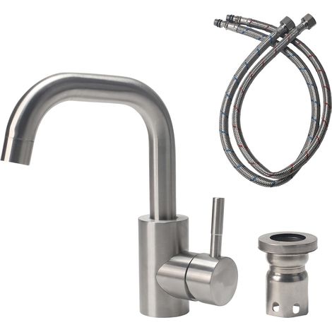 Wasserhahn Bad Edelstahl, Waschtischarmatur 360° Drehbar, Armatur Badezimmer mit Schlauch, Mischbatterie Waschbecken für Badezimmer WC Spül Küche Spülbecken (Gebürstete Farbe) (1/5)
