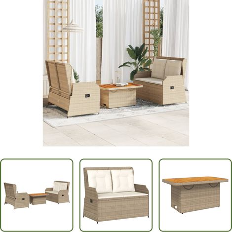 Gartentisch -  3-tlg. Garten-Lounge-Set mit Kissen Beige Poly Rattan (1/5)