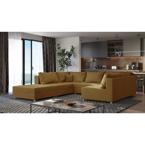 Wohnlandschaft Sofa ANDRO Schlaffunktion und Hocker Stoff Lincoln Senfgelb (1/5)