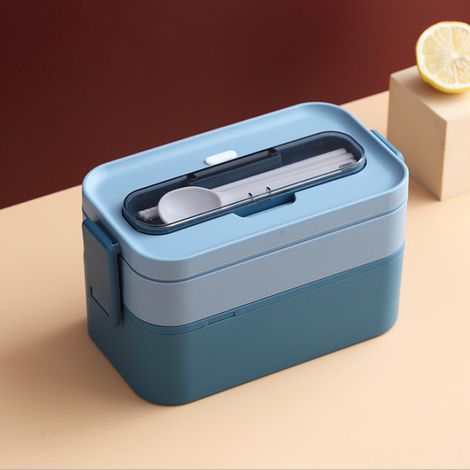 Boîte à Lunch Isotherme, Bento Lunch Box - 1600ML, Lunch Box avec Couverts, Lunch Box Anti-Fuite avec 2 Compartiments Lunch Box en Plastique pour Enfants Adultes, Bureau École ou Pique-Nique, Bleu (1/2)