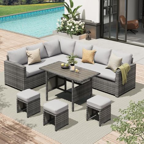 YODOLLA 7-teiliges Rattan-Gartenmöbel Set für 9-10 Personen, modulare Terrassenmöbel aus rostfreiem Stahl mit Esstisch & Hockern, Grau & Grau