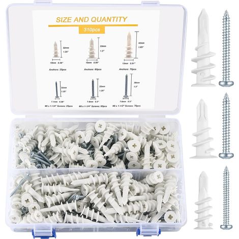 Set de 310 Chevilles et Vis - 155 pour Plaque de Plâtre, 155 à Tête Cruciforme - Kit Universel d'Expansion en Plastique et Auto-taraudeuses (1/5)