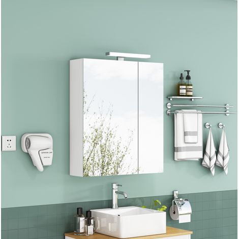 Mueble de baño con espejo 60 cm con LED, enchufe francés, puertas asimétricas HAVRYA (1/5)