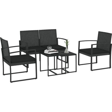 Set da Giardino con 2 Sedie, Divanetto e 2 Tavolini con Cuscini e Piano in Vetro, Nero