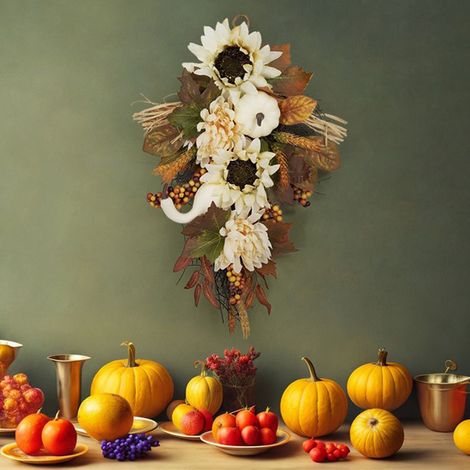 Guirlande Décoration Automne - Citrouille Blanche Fausse - Tournesol Feuille D'érable - 35 cm - Pour Porte Fenêtre Cheminée - 1 Pièce (1/5)