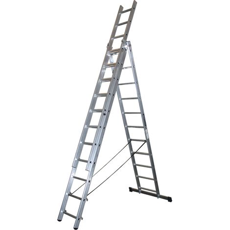 FPLUS escalera 3tram.mult.3x11 3x3 mt. , Puede ser utilizada en tres posiciones de uso diferentes
Dispone de peldaños engastados con relieves antideslizantes
Incorpora un sistema d