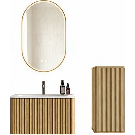 Set mobile bagno 80 cm sospeso con lavabo, mobile laterale e specchio LED ovale (1/4)