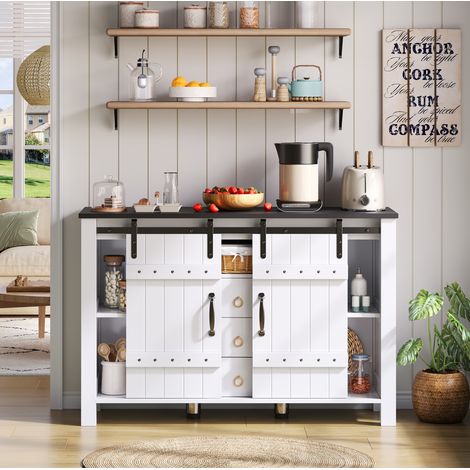 Meuble rangement buffet 120 cm blanc MDF coulissant OKMYHOME (1/5)