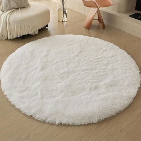 Tapis de salon, rond, super doux, shaggy, moelleux, dessous antidérapant, moderne, lavable, à poils longs, diamètre : 80 cm, blanc (1/3)