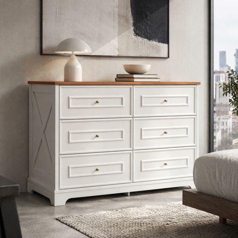 Credenza 120 x 40 x 76 cm in MDF bianco e naturale, 6 cassetti, per soggiorno - CHICFURN (1/5)