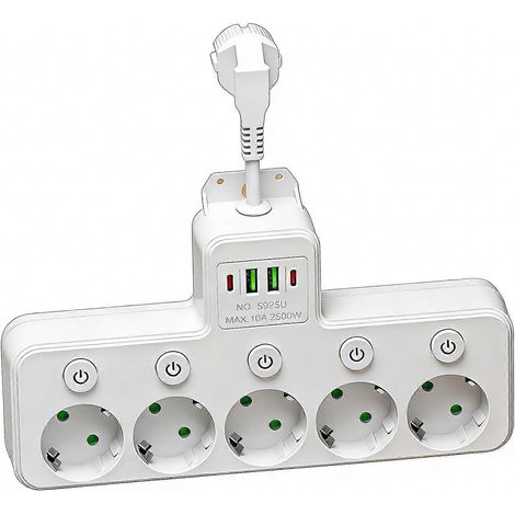 Prise murale 5 trous avec 2 ports USB et 2 ports Type-C, rotation à 180 degrés pour une charge pratique de plusieurs appareils simultanément, modèle 8925U, blanc. (1/5)