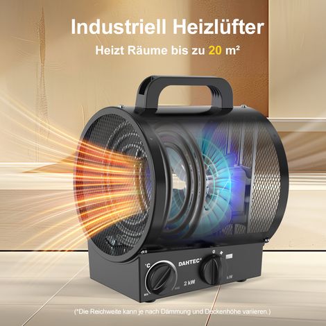 DAHTEC Tragbarer Industrieheizer 2000W SCHWARZ - Gebläseheizer mit Griff, Thermostat & Überhitzungsschutz - Für Zuhause, Garage, Bau (1/5)