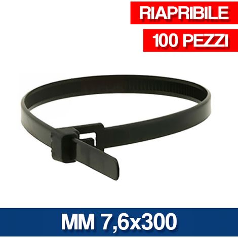 FASCETTE CABLAGGIO STRINGITUBO 100 PZ COLORE NERO RIAPRIBILE 7,6 X 300 (30855)