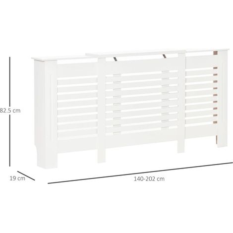 Cache-radiateur à largeur réglable avec étagère supérieure en MDF et bois, 140-202 x 19 x 82,5 cm, blanc (1/5)