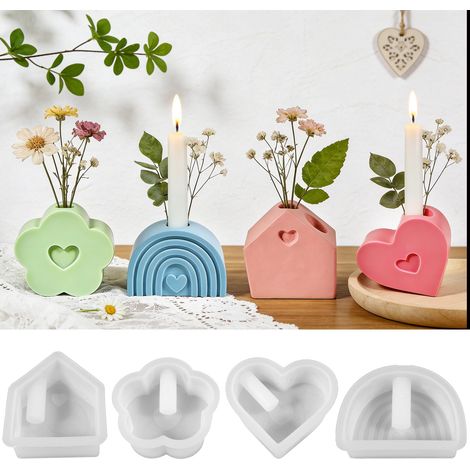 Lot de 4 moules en silicone pour bougeoirs, vases en forme de cœur, moules en résine, bougeoirs en résine, moules en silicone, vases, porte-bougies pour moules en poudre (1/5)