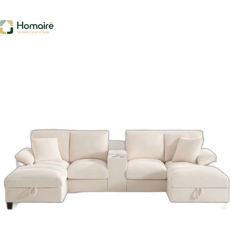 Canapé en velours côtelé beige avec rangement et port USB 293 x 142 x 93 cm HOMAIRE (1/5)