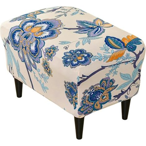 Elastic Ottoman Stool Cover, Rectangular Pouffe Cover, Print Footstool Covers, Poppy (1/5)