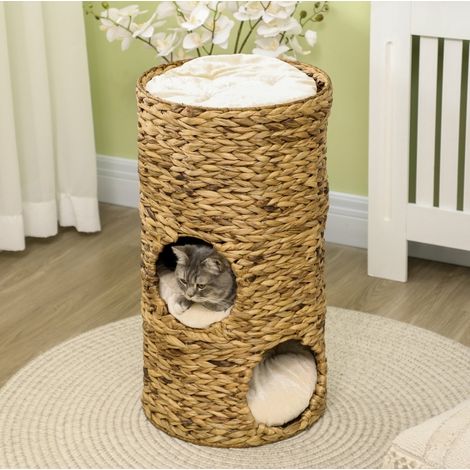Torre para gatos de 3 niveles con cojines, 3 entradas, Ø40 x 73 cm, marrón claro HAVRYA (1/5)