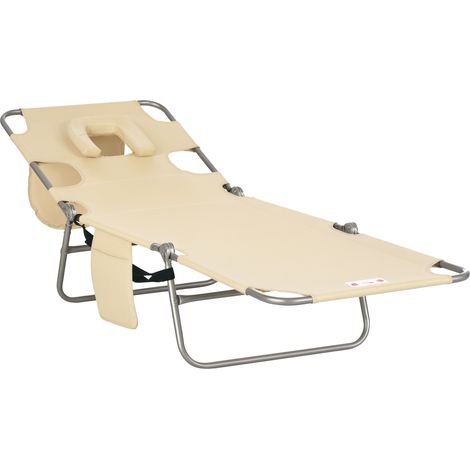 Outsunny Foldable Sun Lounger, Beach Chaise Lounge with Reading Hole, Arm Slots, 5-Position Adjustable Backrest, Side Pocket, Pillow for Garden, Beach, Camping, Beige