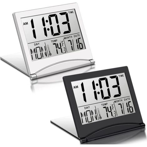 Faltbarer digitaler LCD-Reisewecker mit Kalender, Thermometer, Schlummerfunktion, tragbar, für den Schreibtisch, 2 Stück (1/4)