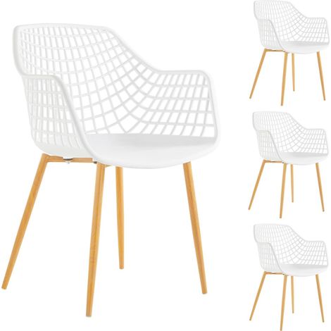 Idimex – Lot de 4 chaises LUCIA – Assises en plastique blanc – Pieds en métal décor chêne sonoma – Confort optimal avec accoudoirs (1/5)