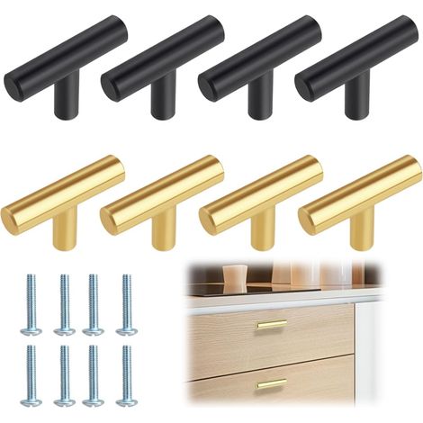 Lot de 8 Poignée en Forme de T Poignée de Portes, Poignee de Meuble Cuisine Acier Inoxydable, T Bouton de Meuble Finition Bouton, Monotrou en T Bouton de Meuble avec 12 Vis pour Armoire Porte Placard (1/5)