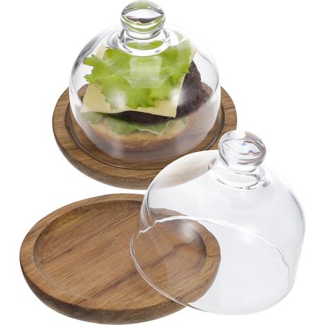Lot de 2 Assiettes à Dessert en Bois D’acacia 10 Cm avec Dôme en Verre Transparent, Présentoir à Gâteaux avec Couvercle pour Pâtisseries, Fruits, Buffet et Service à Table (1/5)
