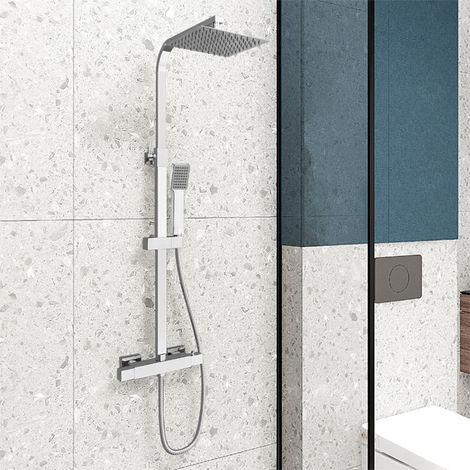 Acezanble Bathroom Thermostatic Mixer Shower Set All Square Chrome Twin Head Exposed Valve - 200mm (1/8)