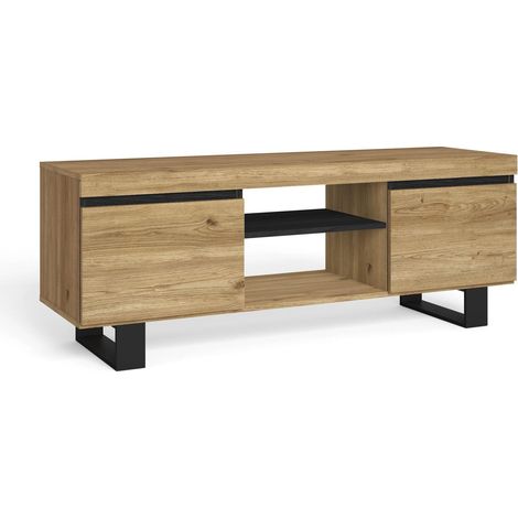 Skraut Home – Meuble TV moderne en chêne et noir – 2 portes, 2 logements – Dimensions 140x40x53cm – Pour téléviseurs jusqu'à 60 pouces (1/4)