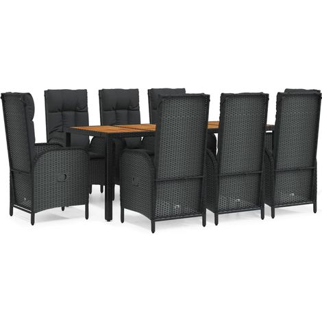 Conjunto de comedor de jardín de 9 piezas con cojines de mimbre de resina negra 020014836