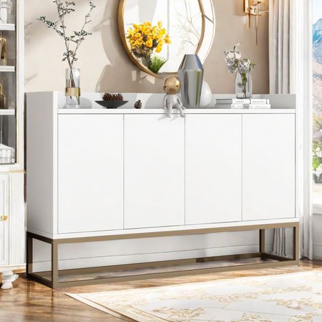 Credenza 120 cm - 4 ante con gambe metalliche dorate - design moderno e raffinato - mobile contenitore per sala da pranzo - soggiorno e cucina - 120x30x80 cm - Bianco