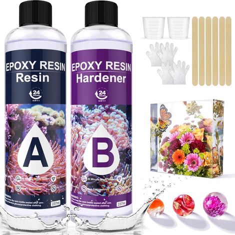 Resine Epoxy Transparente et Durcisseur, 474ml/16oz Résine époxy transparente, 1: 1 Ratio Revêtement en résine époxy cristalline pour Craft,Fabrication de Bijoux, Tables de rivière (474ML) (1/5)
