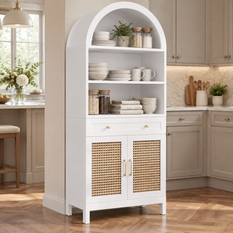 Armoire vitrine de rangement 70 x 40 x 170 cm, blanc et bois clair, avec portes en résine tressée, 3 niches ouvertes, 2 portes, 1 tiroir et sécurité anti-basculement - CHICFURN (1/5)