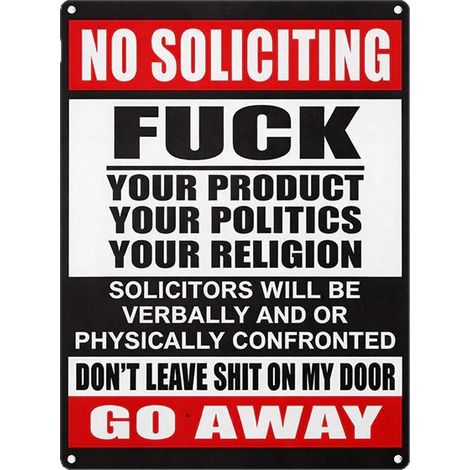 New No Soliciting Go Away Warning Sign - Small Size (1218cm)
