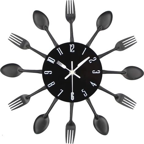 Horloge murale de cuisine, 3D amovible, moderne et créatif, couverts de cuisine, cuillère, fourchette, horloge murale, miroir, autocollant mural, décoration de la maison (noir) (1/4)