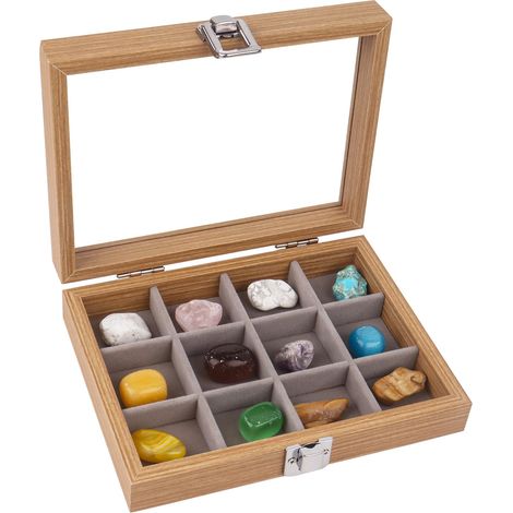 Boîte de présentation pour bijoux de 12 compartiments, boîte de collection en bois avec couvercle en verre transparent, boîtes de rangement et présentoir pour pièces de collection, gemmes (1/5)