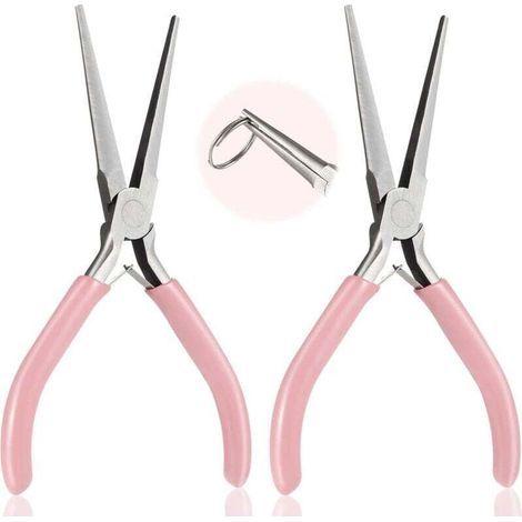 Set aus 2 Spitzzangen aus hochkohlenstoffhaltigem Stahl für Schmuck- und Modellbau, rutschfester Griff und praktisches Trageset, Pink