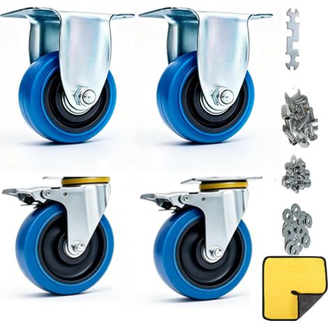 Roulettes avec double serrure de sécurité, set de 4, charge maximale 2000lbs, pour chariots, meubles, tables de travail (bleu, 10cm/4", 2 Roues fixes+2 Roulettes avec frein) (1/5)