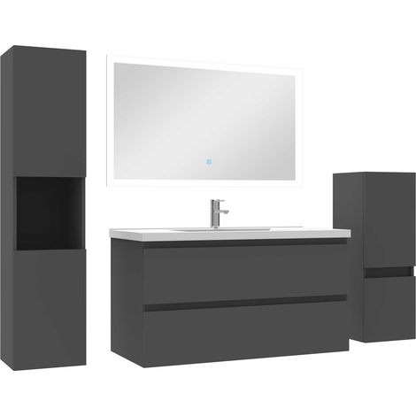 Ensemble meuble de salle de bain 100cm vasque + colonne de rangement + miroir Anthracite (1/5)