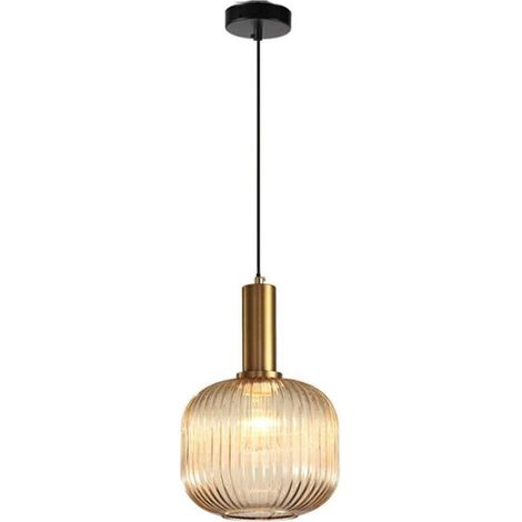 Moderner Kronleuchter, goldene Pendelleuchtenfassung mit bernsteinfarbenem Glasschirm, LED-Pendelleuchte - Crezuo